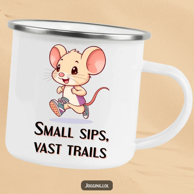 Funny little mouse runner in tiny sneakers on a camping mug, perfect for humorous enjoyment of beverages during outdoor adventures.