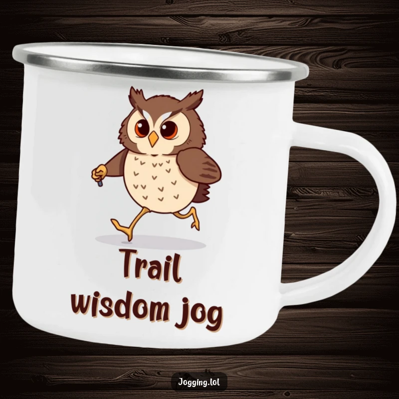 Funny owl camping mug with a determined bird comically jogging with tiny jogging poles. Humorous and durable for outdoor use.