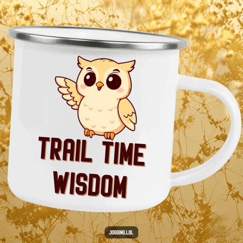 Funny owl camping mug with a delighted bird jogging, wing extended, perfect for outdoor use and humor.