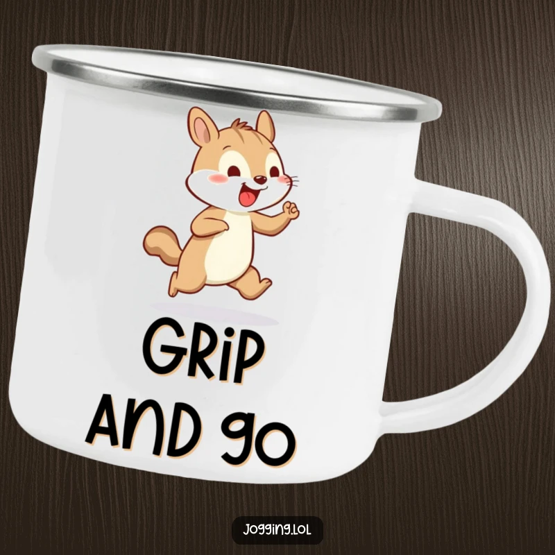 Funny camping mug of a cheerful squirrel vigorously pumping its tiny arms while jogging, perfect for outdoor fun.