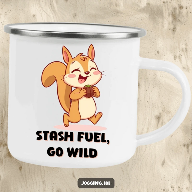 Funny camping mug with a joyful squirrel character jogging with nuts, durable and humorous for outdoor enthusiasts, a great funny gift.