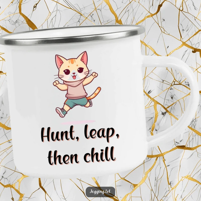 Funny athletic cat camping mug, sleek feline sportswear, jumping stride, outdoor adventure, durable mug, perfect funny gift