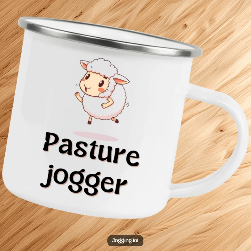 Funny sheep camping mug with a fluffy sheep comically jogging with a happy expression. Humorous and durable for outdoor use.