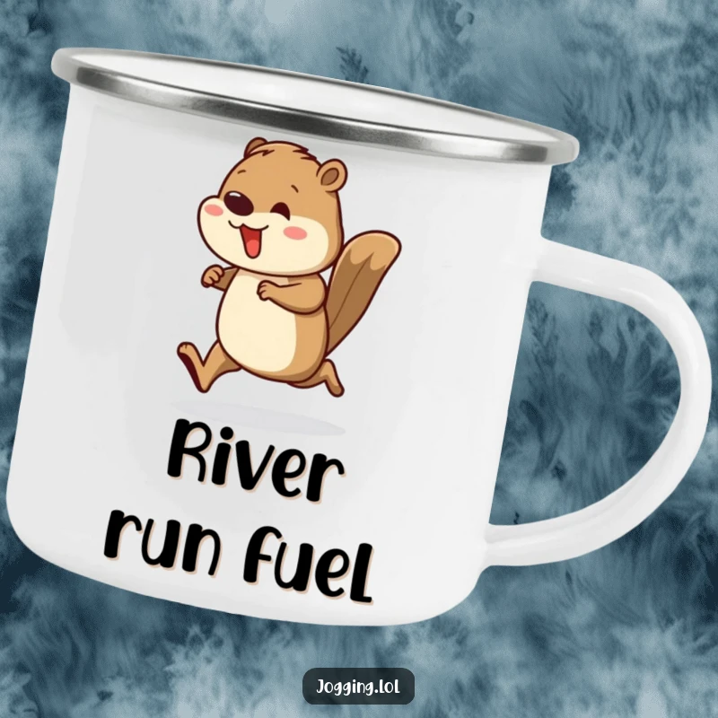 Funny enamel camping mug featuring a busy beaver runner with rhythmic leg movements, perfect for outdoor projects.
