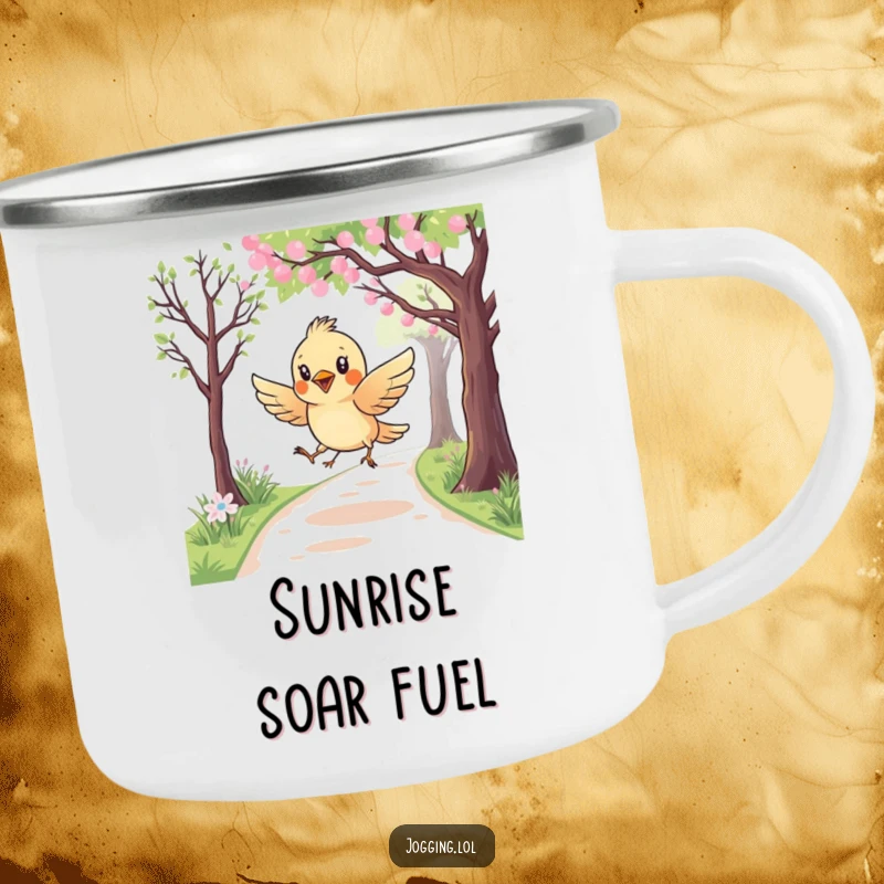 Funny camping mug featuring a curious bird character playfully swooping over a jogging path, perfect for enjoying drinks outdoors with a whimsical design.