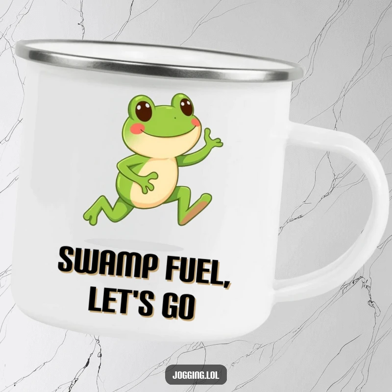 Funny camping mug featuring a happy frog character leaping forward with each jogging stride, perfect for outdoor humor.