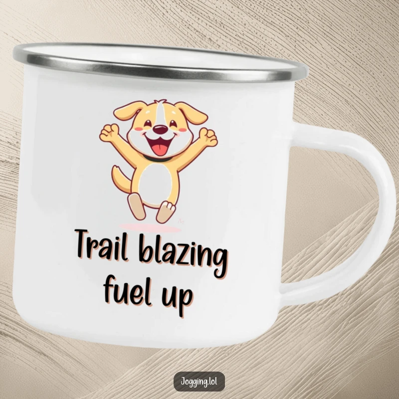 Funny dog camping mug showing a happy character sprinting with arms pumping, ready for outdoor adventures, a durable and humorous gift.