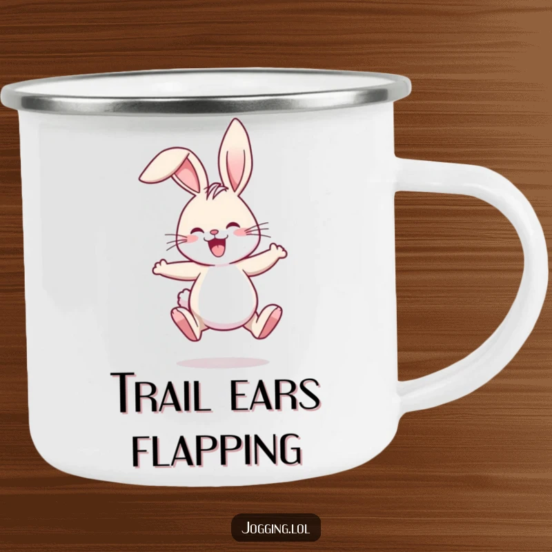 Funny camping mug showing a joyful rabbit comically jogging, ears flopping humorously, ideal for outdoor adventures.