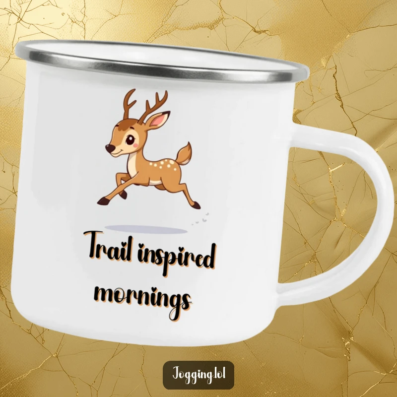 Funny deer jogger mid-graceful leap on a rugged camping mug, celebrating outdoor activity and humor for adventurers on the go.