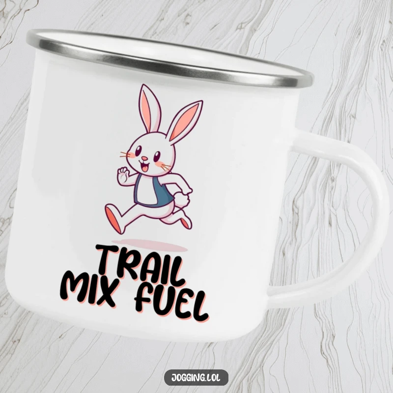 Funny enamel camping mug with a cheerful rabbit jogger design, perfect for outdoor adventures and morning coffees.