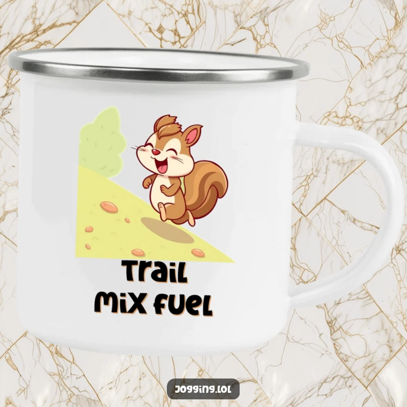 Funny squirrel camping mug with a giggling character jogging uphill with determination, perfect for outdoor humor and a motivational start.