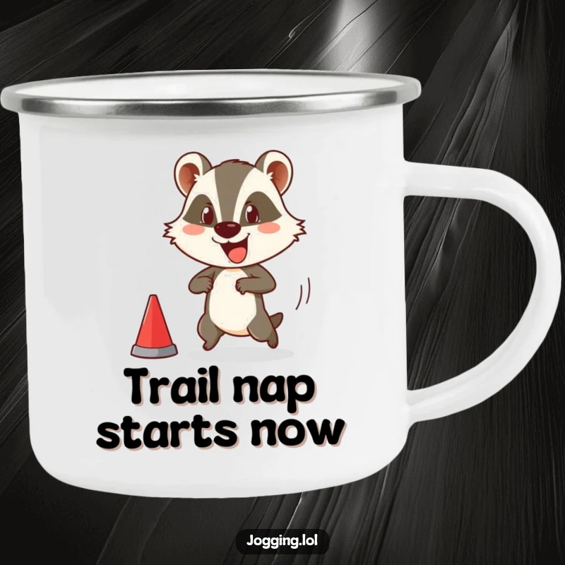Funny camping mug showing a happy badger character comically attempting to start a race, perfect for enjoying beverages outdoors with a humorous touch.