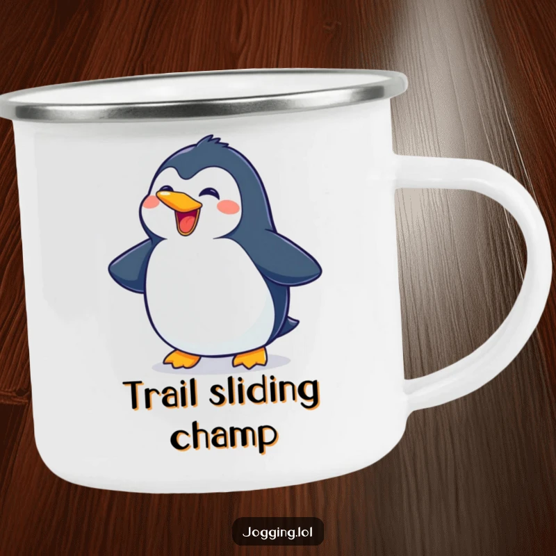 Funny penguin camping mug showing a delighted character sliding with a wide grin, built for outdoor fun and humorous moments.