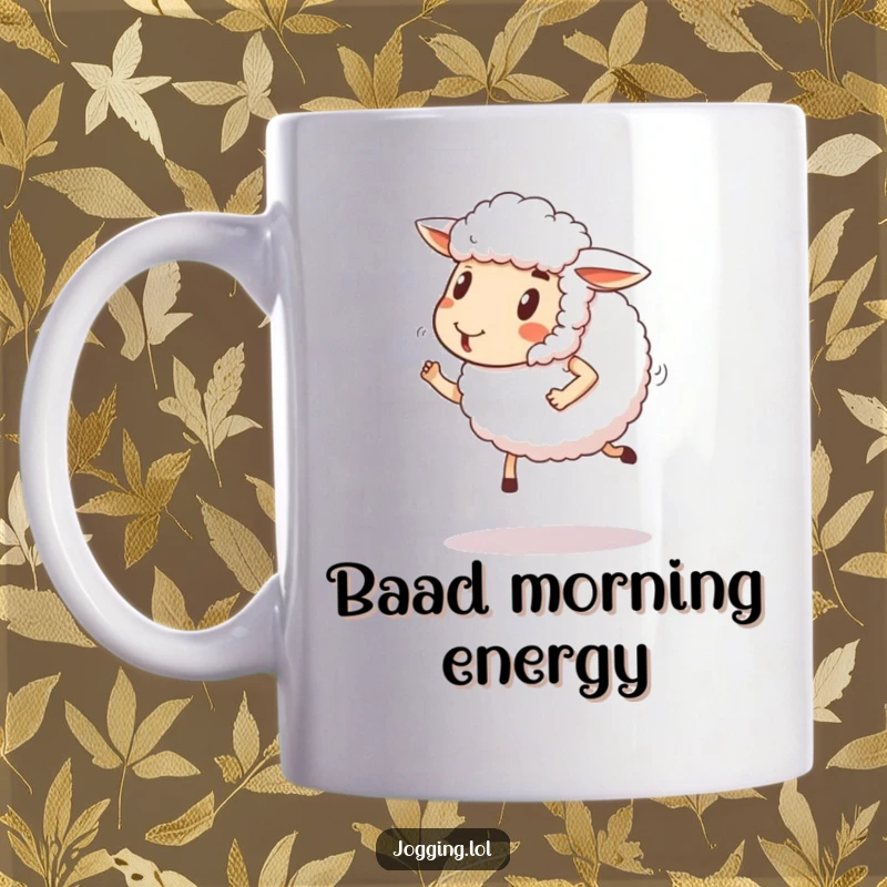 Funny sheep mug with a determined, happy expression, comically jogging. A humorous design for farm animal lovers.