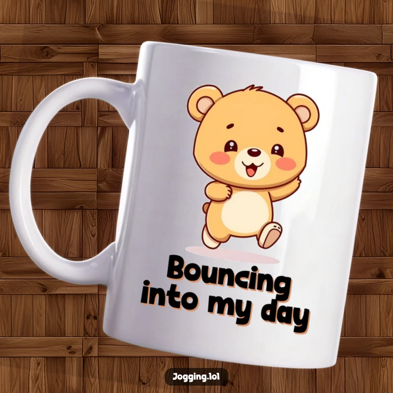 Funny bear cub mug showing a gleeful character bouncing with each stride, radiating infectious joy and energy, a perfect gift.