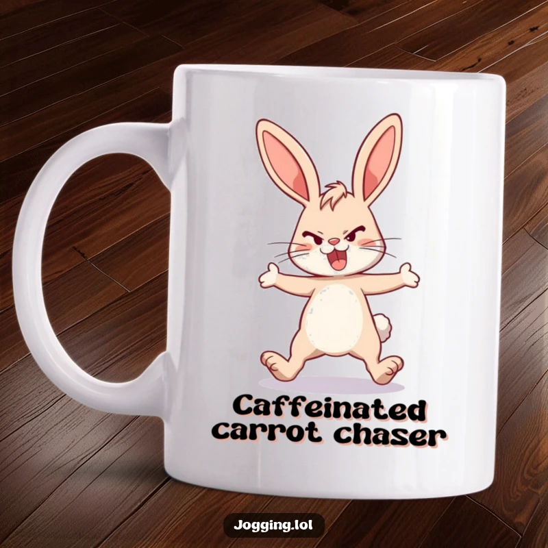 Funny energetic bunny mug, determined rabbit, legs extended, mid-stride, athletic hare, Easter gift idea, funny gift