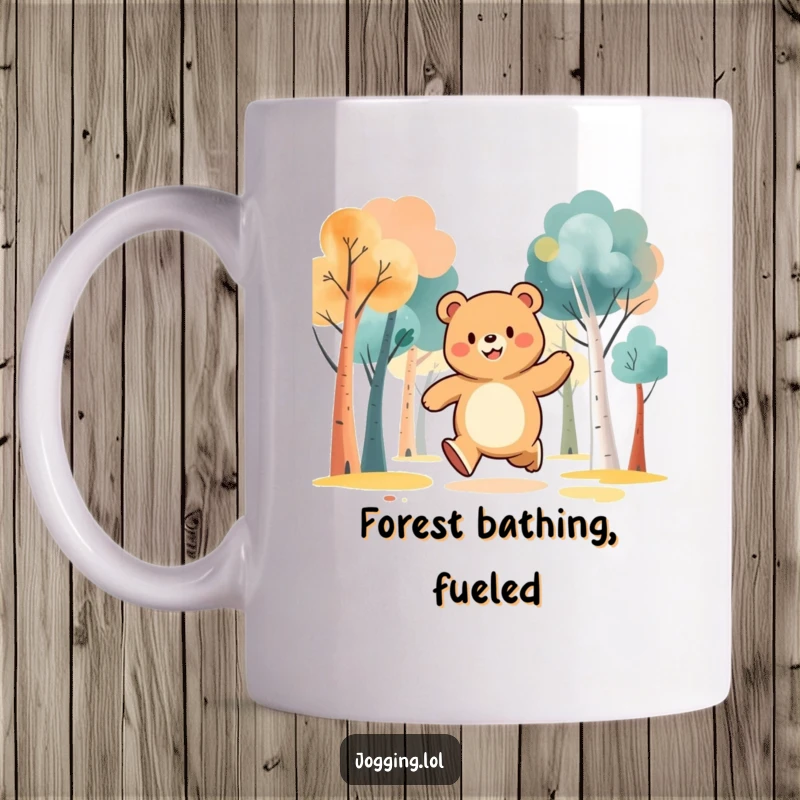 Funny mug featuring a jubilant bear character jogging happily through abstract trees, embodying pure forest joy.