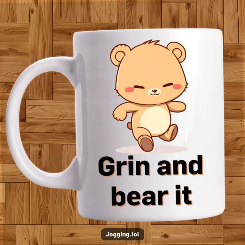 Funny mug featuring a determined bear cub character jogging with a wide, persistent grin, showcasing motivation and fun.