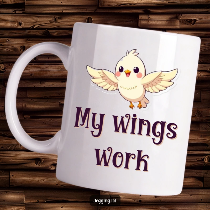 Funny bird mug featuring a happy bird character soaring gracefully with outstretched wings, embodying freedom and joy.
