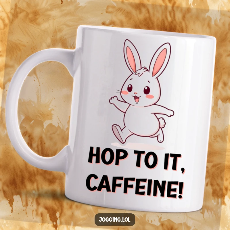 Funny mug featuring a cheerful rabbit character with energetic strides, captured mid-hop with a big smile, ready for a morning run.