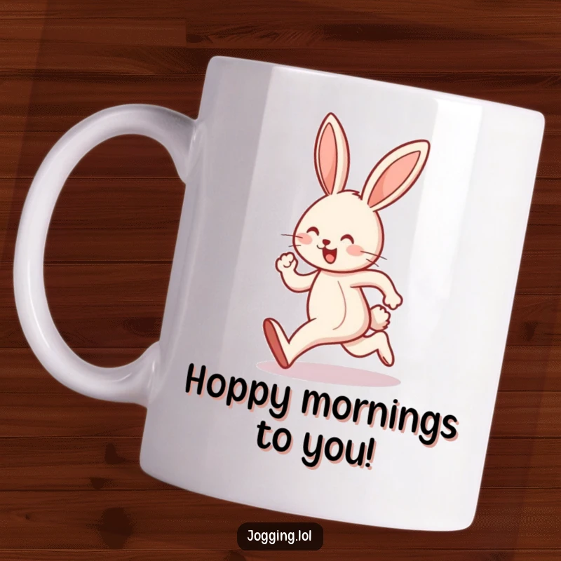 Funny mug featuring a joyful bunny character doing a happy little hop while jogging, radiating cheerful energy.