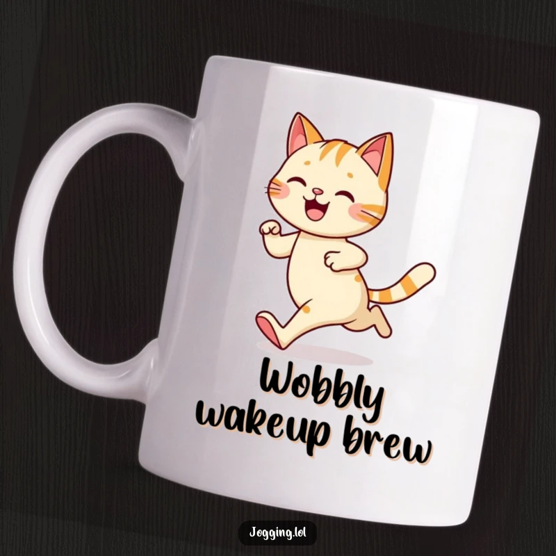 Funny mug showcasing a happy cat character jogging with a distinct, playful wobble, capturing comical feline movement.