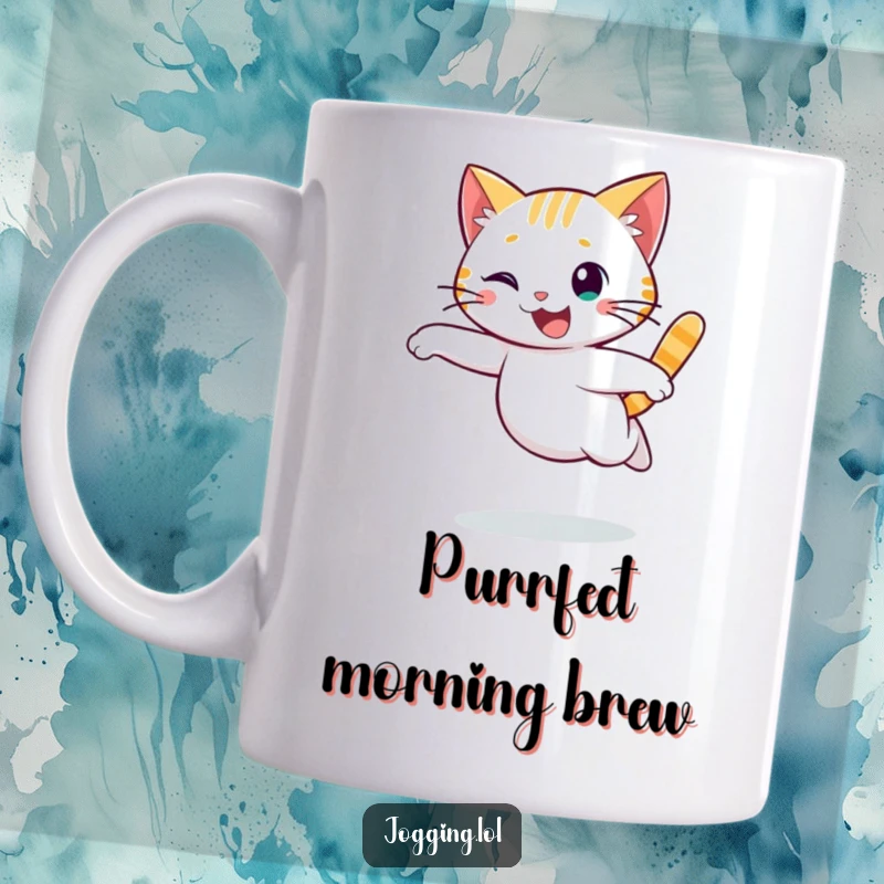 Funny cat mug with a cheerful character running with a graceful, flowing motion, embodying feline agility and joy.