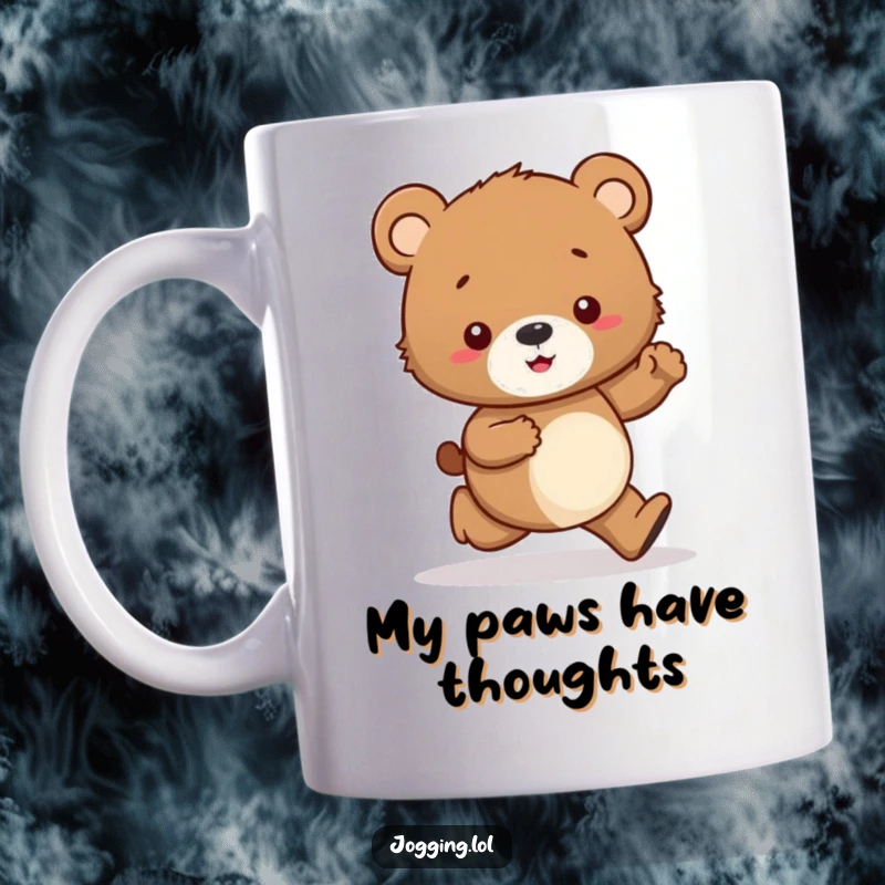Funny mug featuring a curious bear cub character jogging tentatively and peering down at its paws with a look of mild confusion.