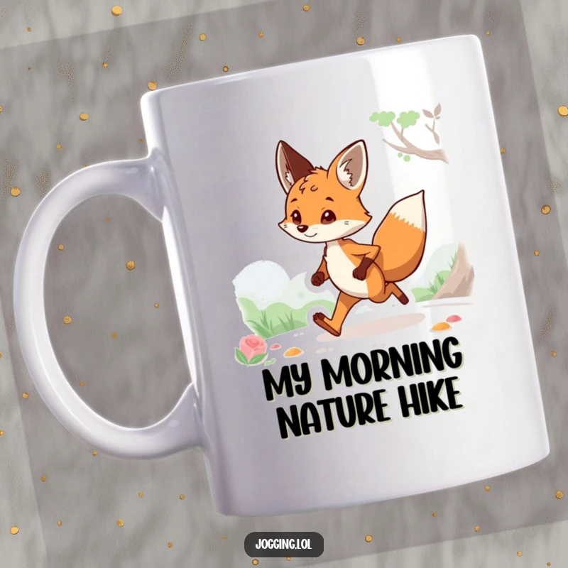 Funny mug featuring a curious fox character jogging, looking at the scenery with a playful, inquisitive expression, perfect for gift-giving.