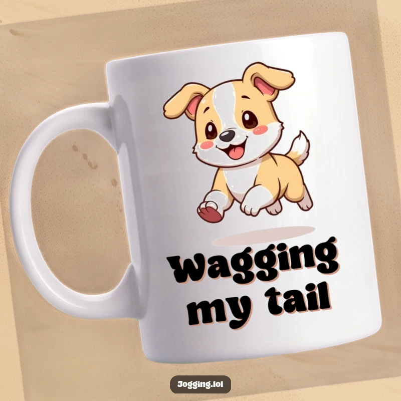 Funny Mug featuring a playful dog character running with its ears flopping happily, radiating pure joy and excitement.