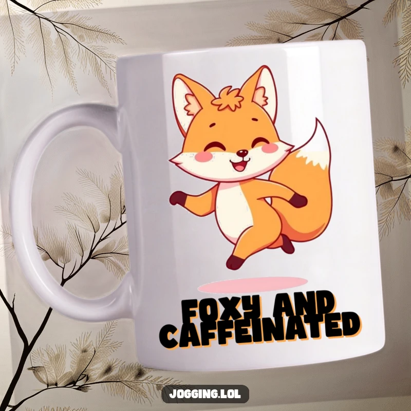 Funny mug featuring a playful fox character dashing with a joyful bounce, embodying spirited energy and fun.