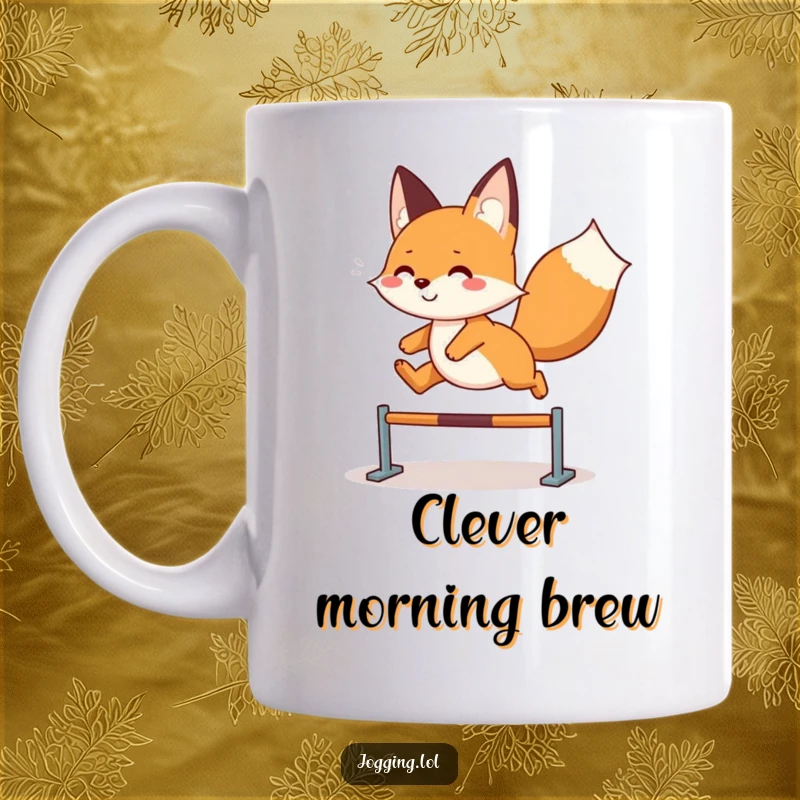 Funny fox mug featuring a playful character joyfully leaping over an imaginary hurdle, symbolizing fun and agility, an ideal funny gift.