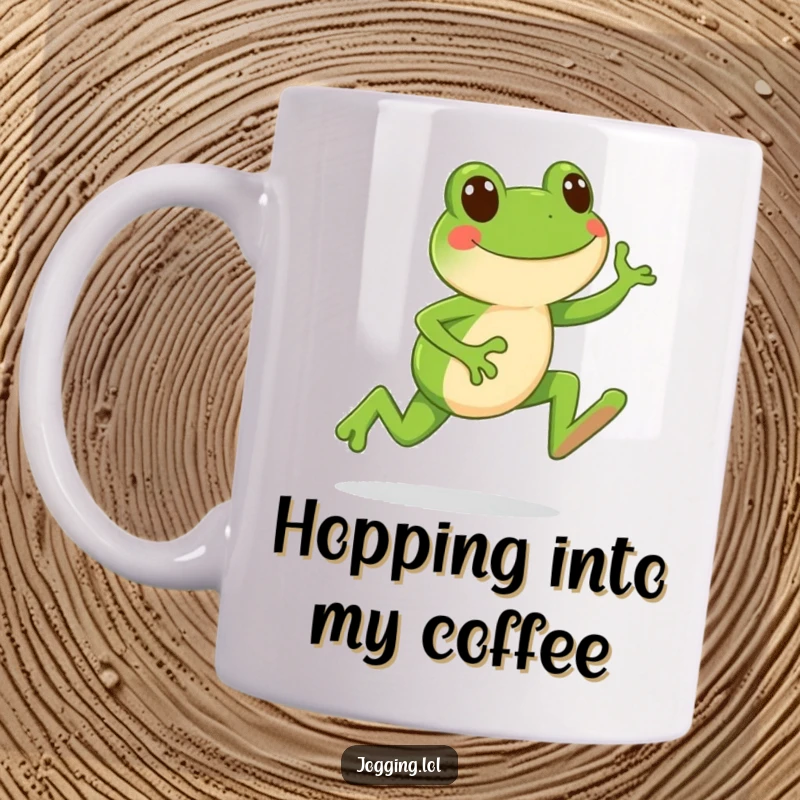 Funny mug featuring a happy frog character leaping forward with enthusiasm during a jogging stride.