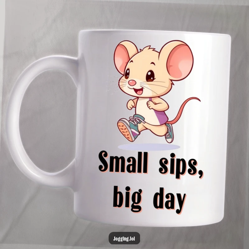 Funny little mouse runner wearing tiny sneakers, captured in a determined stride on a mug, showcasing miniature athleticism and humor.