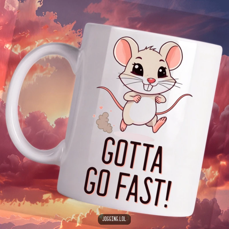 Funny mouse mug with a determined grin, kicking up a dust cloud while sprinting. A humorous and energetic design for rodent lovers.
