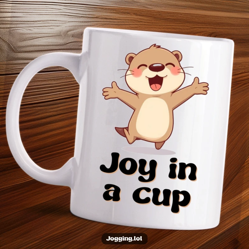 Funny otter mug featuring a cheerful character gleefully bounding with arms outstretched, radiating pure happiness and fun, an ideal funny gift.