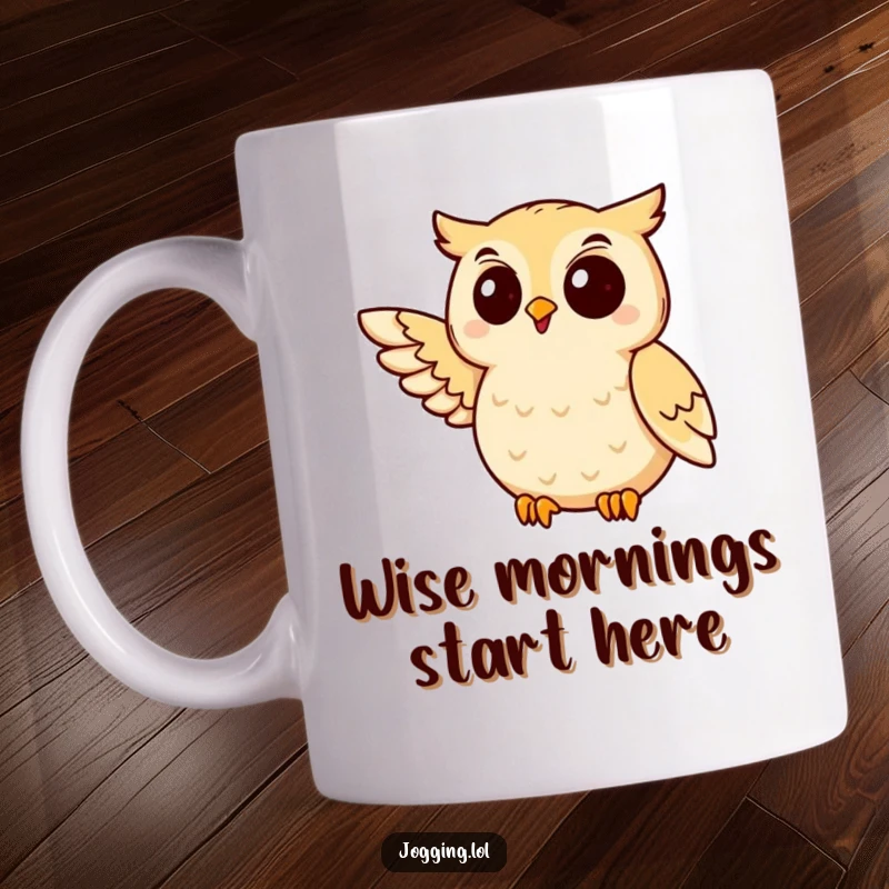 Funny owl mug featuring a delighted bird with a wing extended, mid-jog, radiating joyful and humorous energy.
