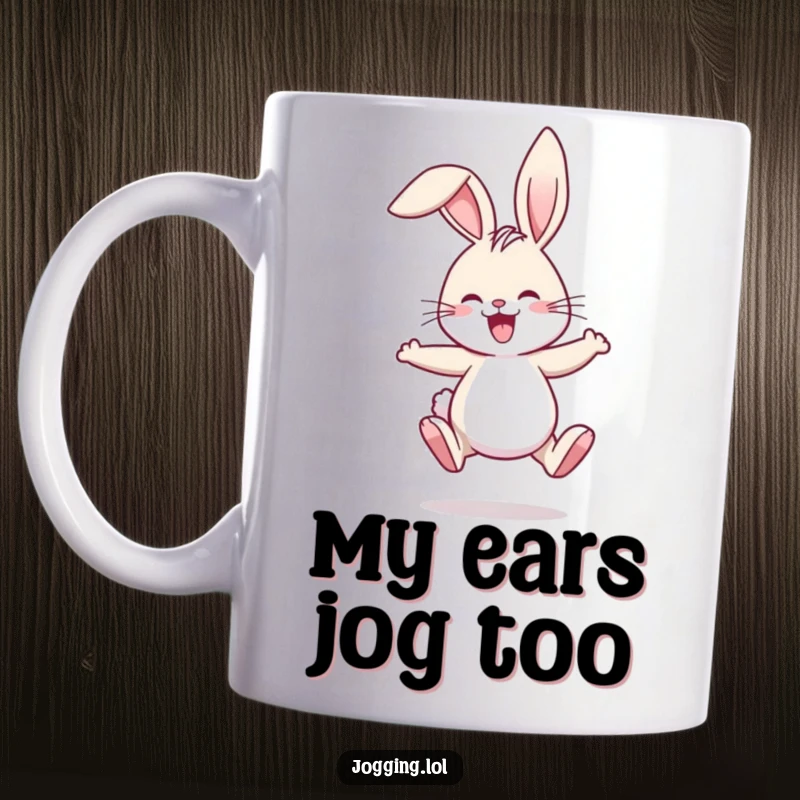 Funny mug showing a joyful rabbit comically jogging, ears flopping wildly in a humorous workout scene.