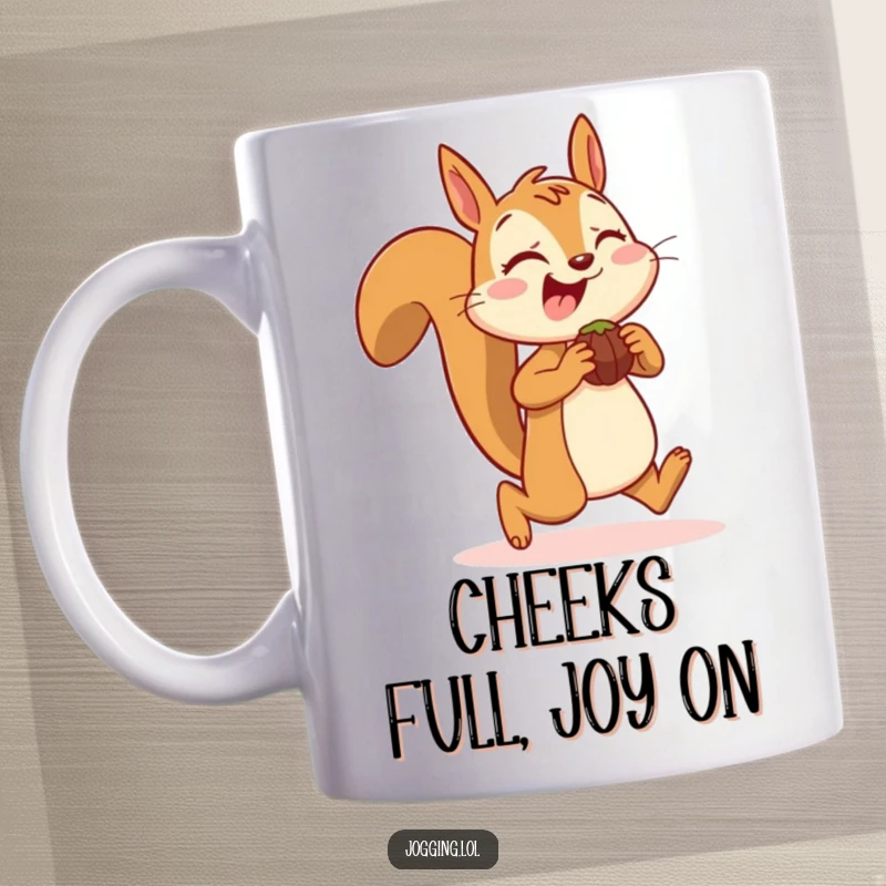 Funny mug showcasing a joyful squirrel character jogging with its cheeks packed full of nuts, a humorous and delightful design.