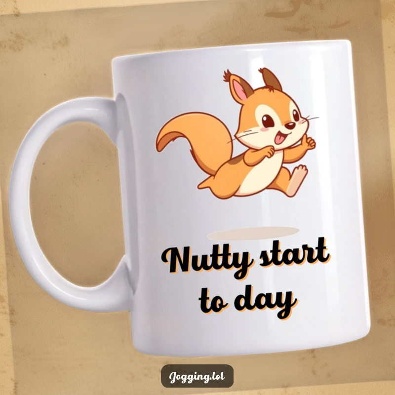 Funny mug showcasing a playful squirrel sprinter in a dynamic leap, full of energy and a mischievous glint.