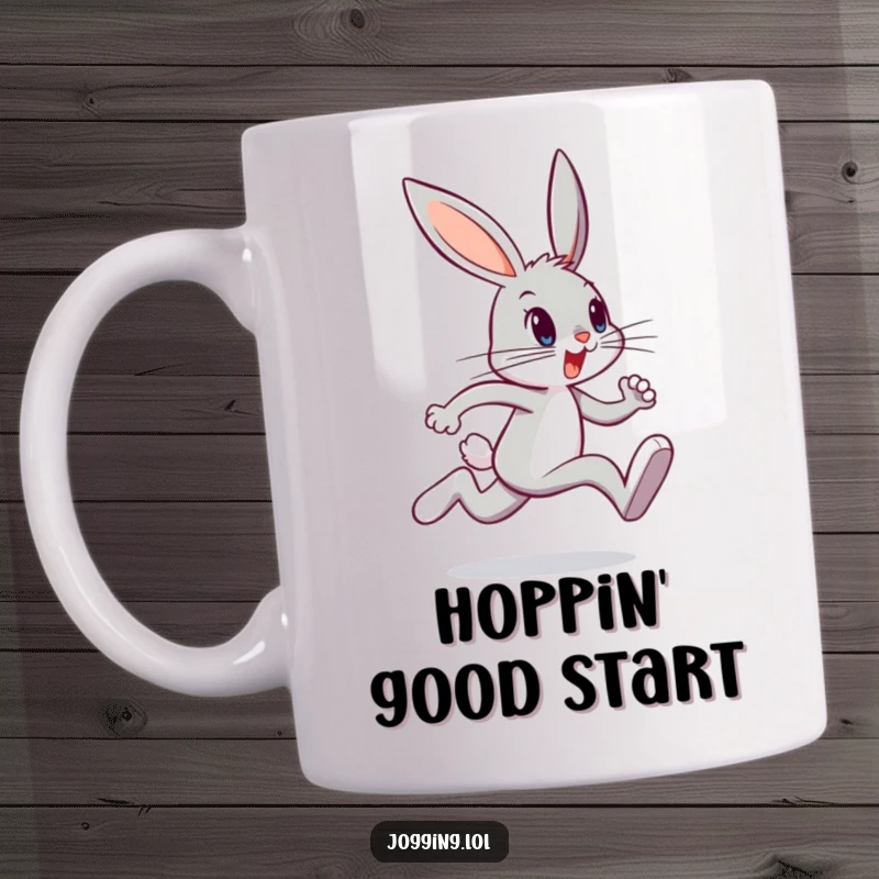 Funny bunny mug with a determined character sprinting energetically, capturing the thrill of a morning jog, an ideal funny gift.