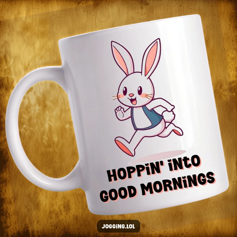Funny mug showcasing a cheerful rabbit jogger enthusiastically hopping forward with boundless energy and a big smile.