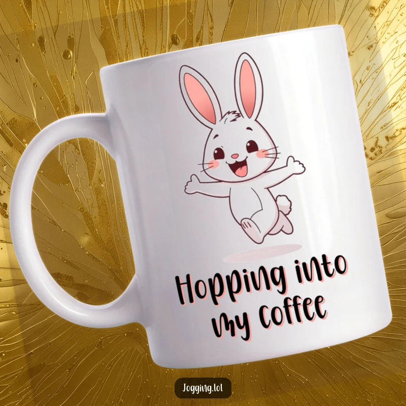 Funny rabbit mug showing a cheerful character jogging with a wide, excited grin, radiating pure happiness, a perfect gift.