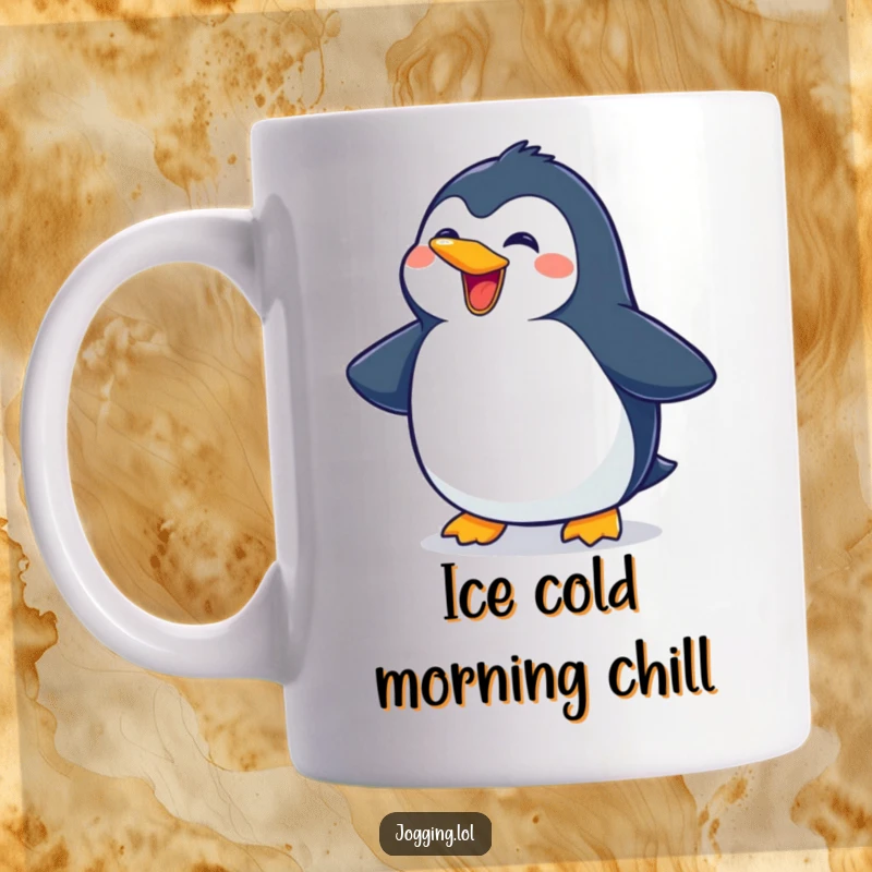 Funny penguin mug featuring a delighted character sliding forward with a wide, joyous grin, perfect for adding humor to any morning.