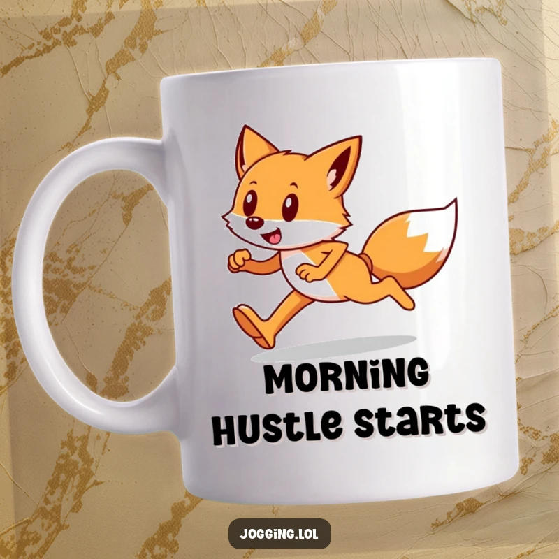 Funny mug showcasing a happy fox runner in mid-stride, with a determined yet cheerful expression, symbolizing focus.