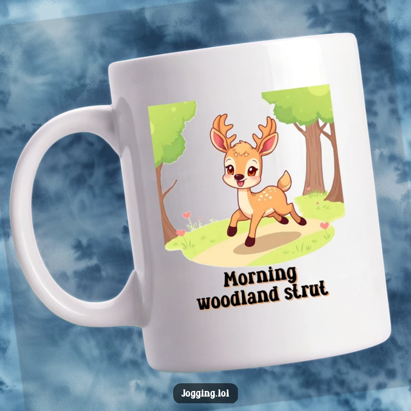 Funny deer mug with a smiling character eagerly bounding along a path, conveying happiness and a sense of adventure for a cheerful gift.
