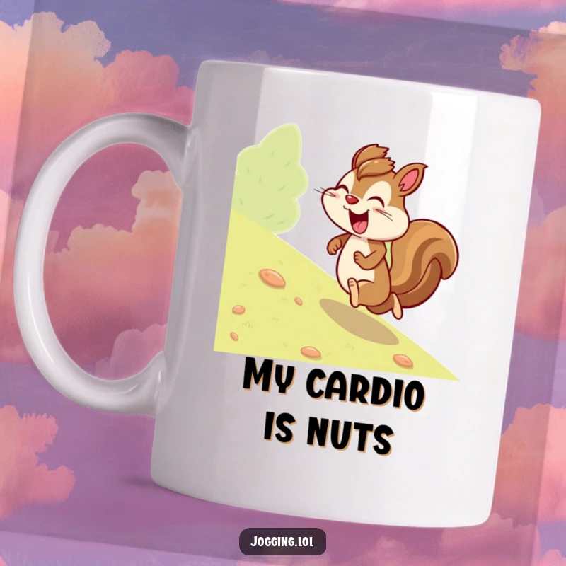 Funny squirrel mug with a giggling character joyfully jogging uphill with immense determination, perfect for a motivational and humorous gift.