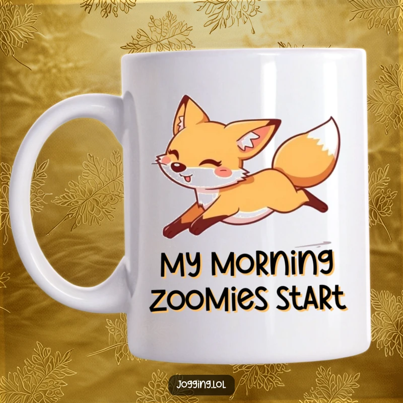Funny cheerful fox leaping mug, legs tucked, moving fast, playful animal, foxy speedster, animal lover gift, funny gift