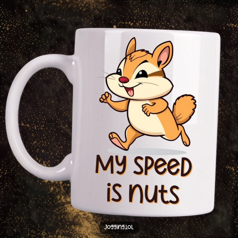 Funny chipmunk mug featuring a smiling rodent in determined mid-jogging motion, radiating funny energy and fitness enthusiasm.