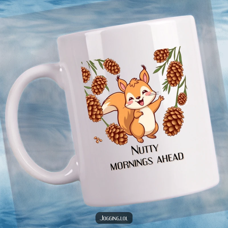 Funny squirrel mug showing a jovial character weaving playfully between cones, full of mischievous energy, a perfect gift.